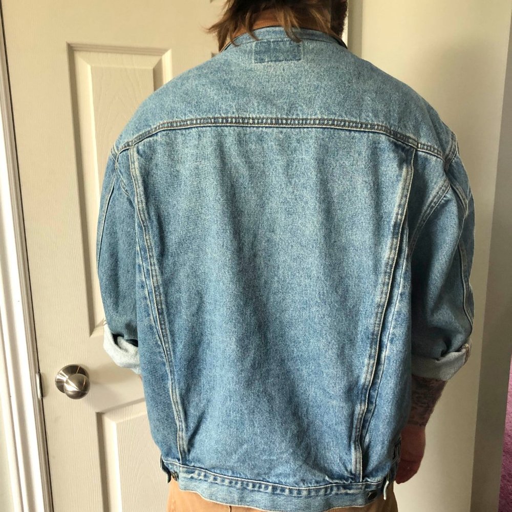 Mens Vintage Jean Jacket with Leather Collar Large - Picture 2 of 6